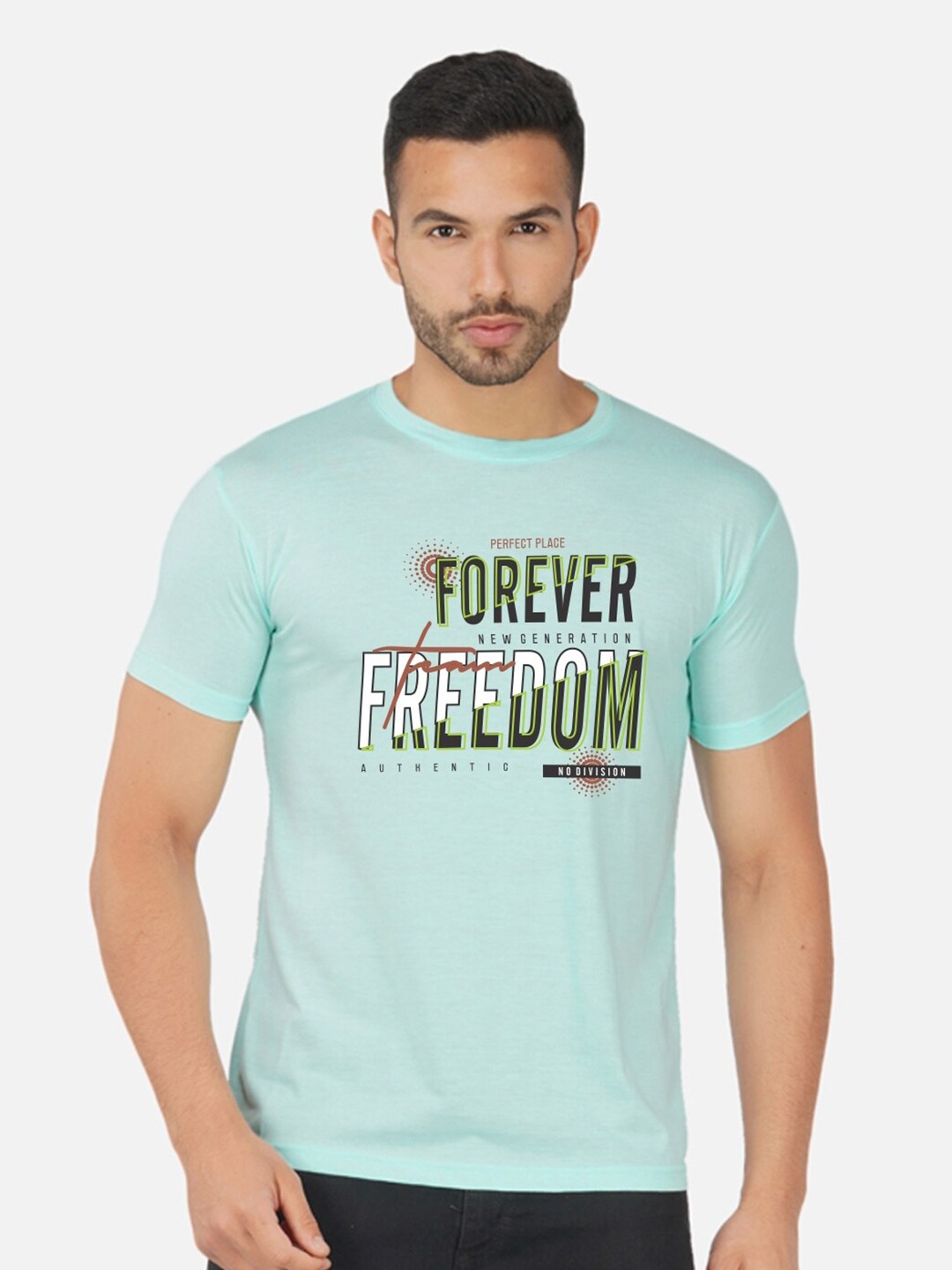 

CHOZI Typography Printed Round Neck Cotton T-shirt, Turquoise blue