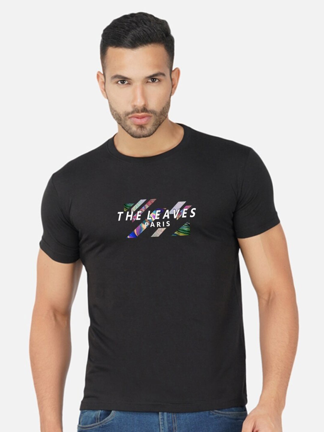

CHOZI Typography Printed Round Neck Cotton T-shirt, Black