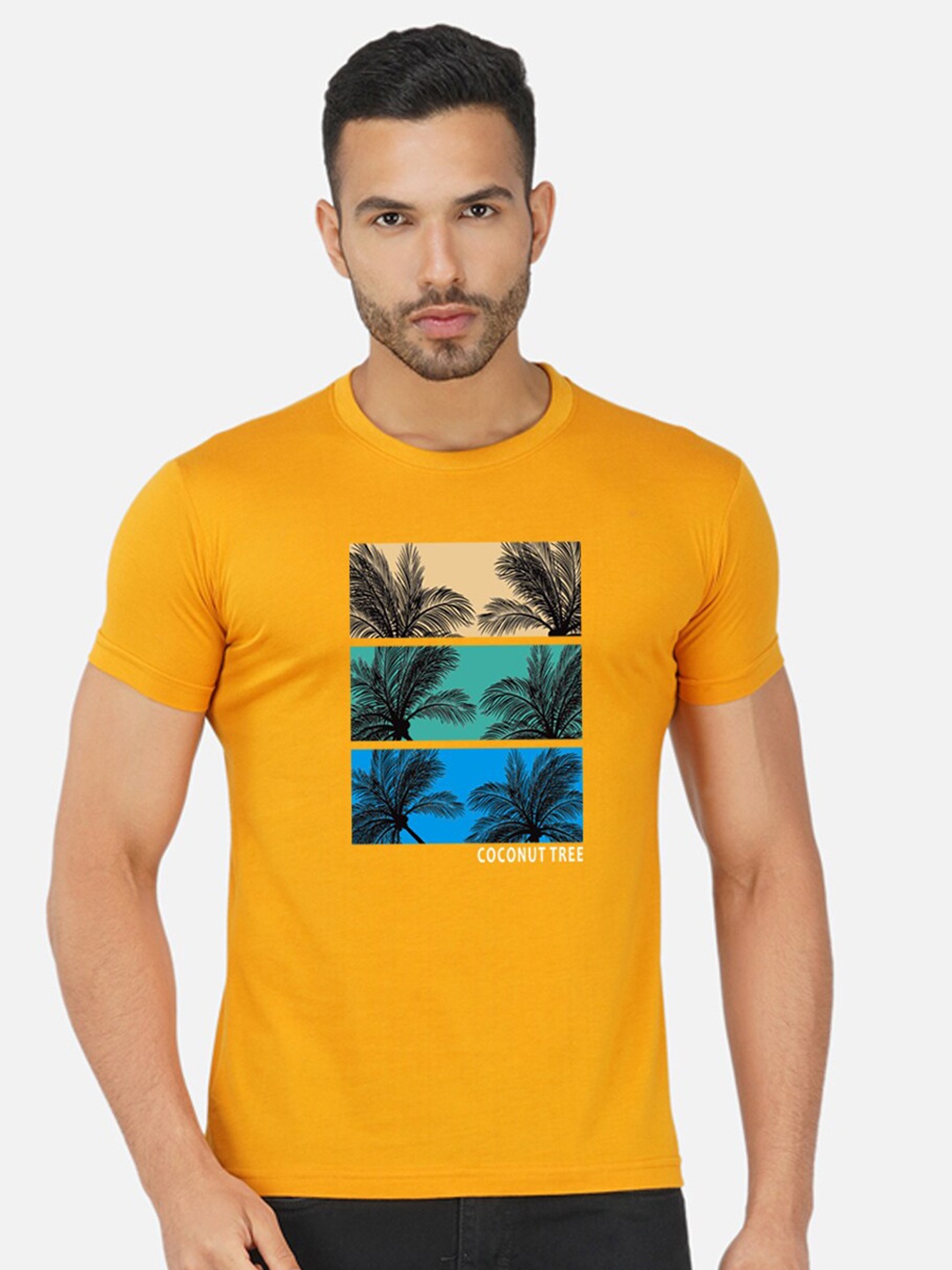 

CHOZI Graphic Printed Round Neck Cotton T-shirt, Mustard
