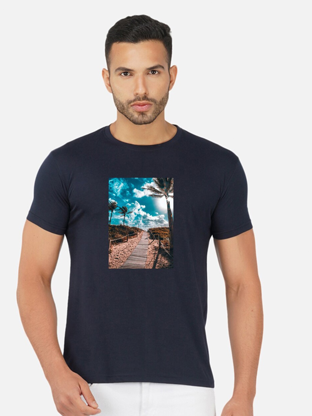 

CHOZI Regular Fit Graphic Printed Round Neck Short Sleeve Cotton T-Shirt, Navy blue