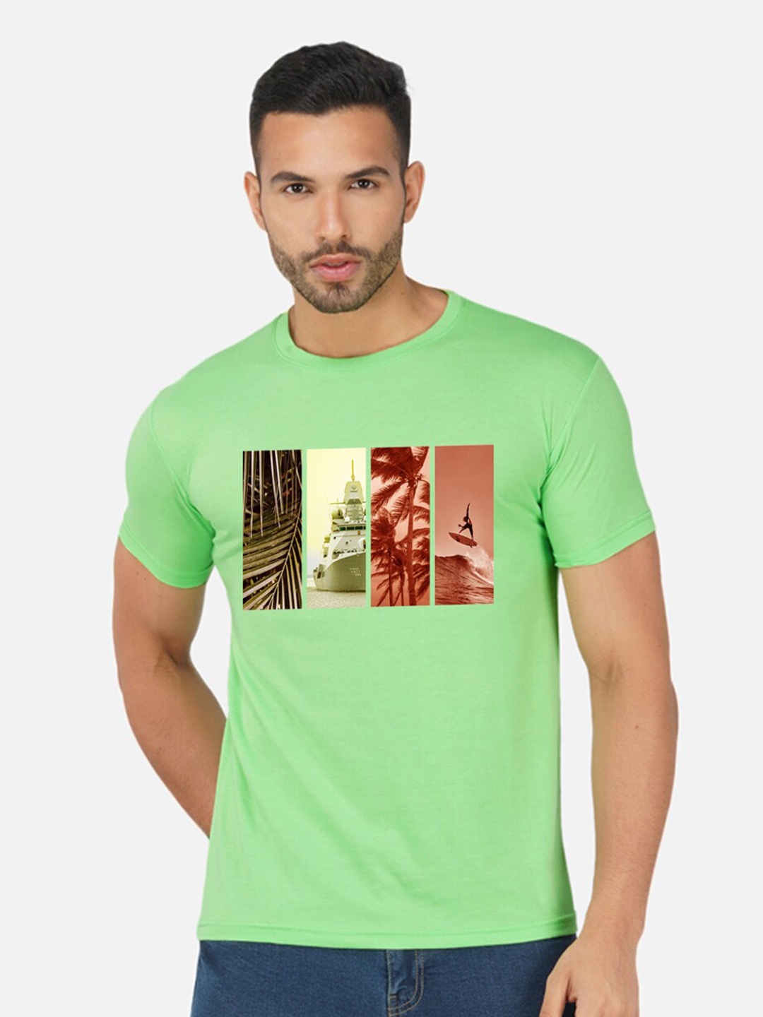 

CHOZI Regular Fit People and Places Printed Round Neck Short Sleeve Cotton T-Shirt, Lime green