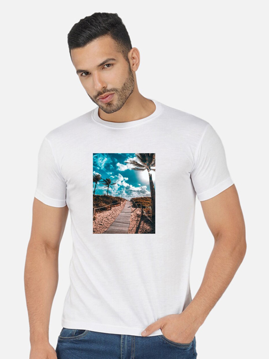

CHOZI Regular Fit People and Places Printed Round Neck Short Sleeve Cotton T-Shirt, White