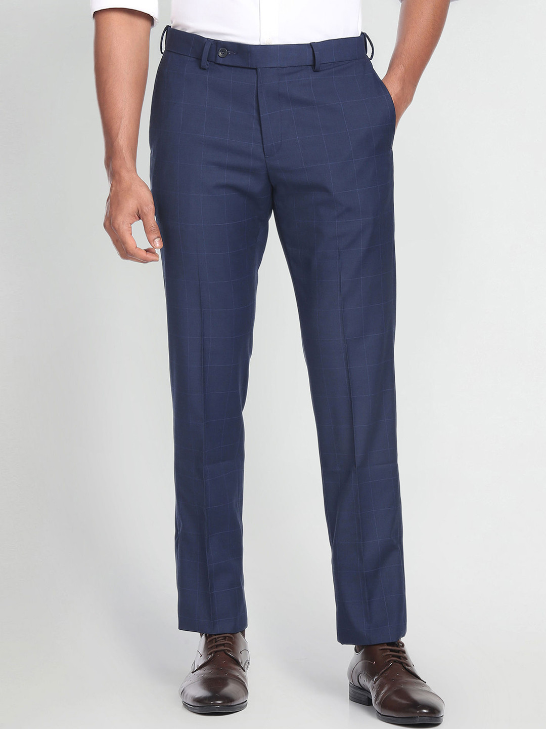 

Arrow Men Checked Mid-Rise Dobby Formal Trousers, Blue