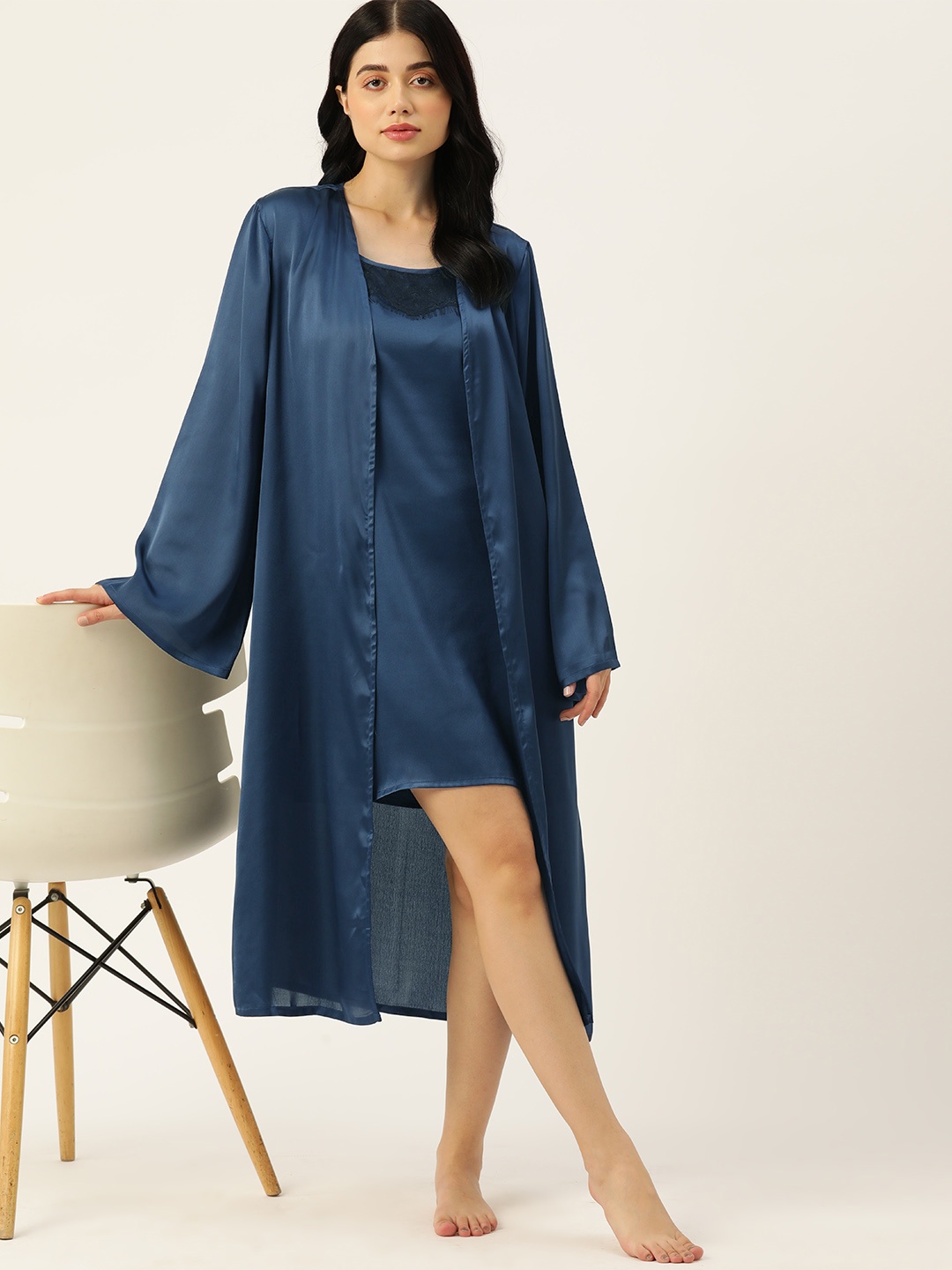 

ETC Women Solid Satin Night Dress with Robe, Navy blue