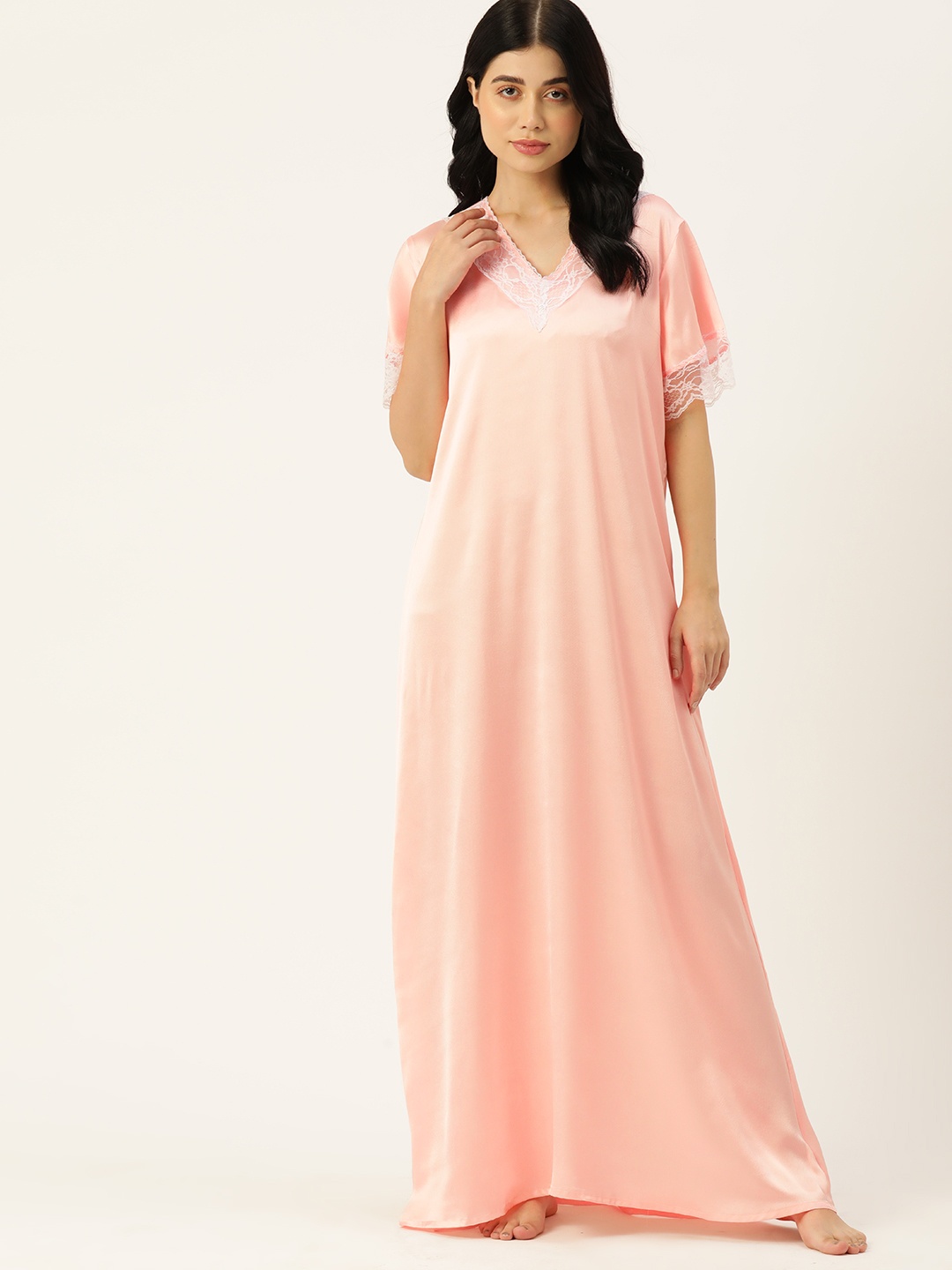 

ETC Solid Satin Maxi Nightdress with Lace Details, Pink