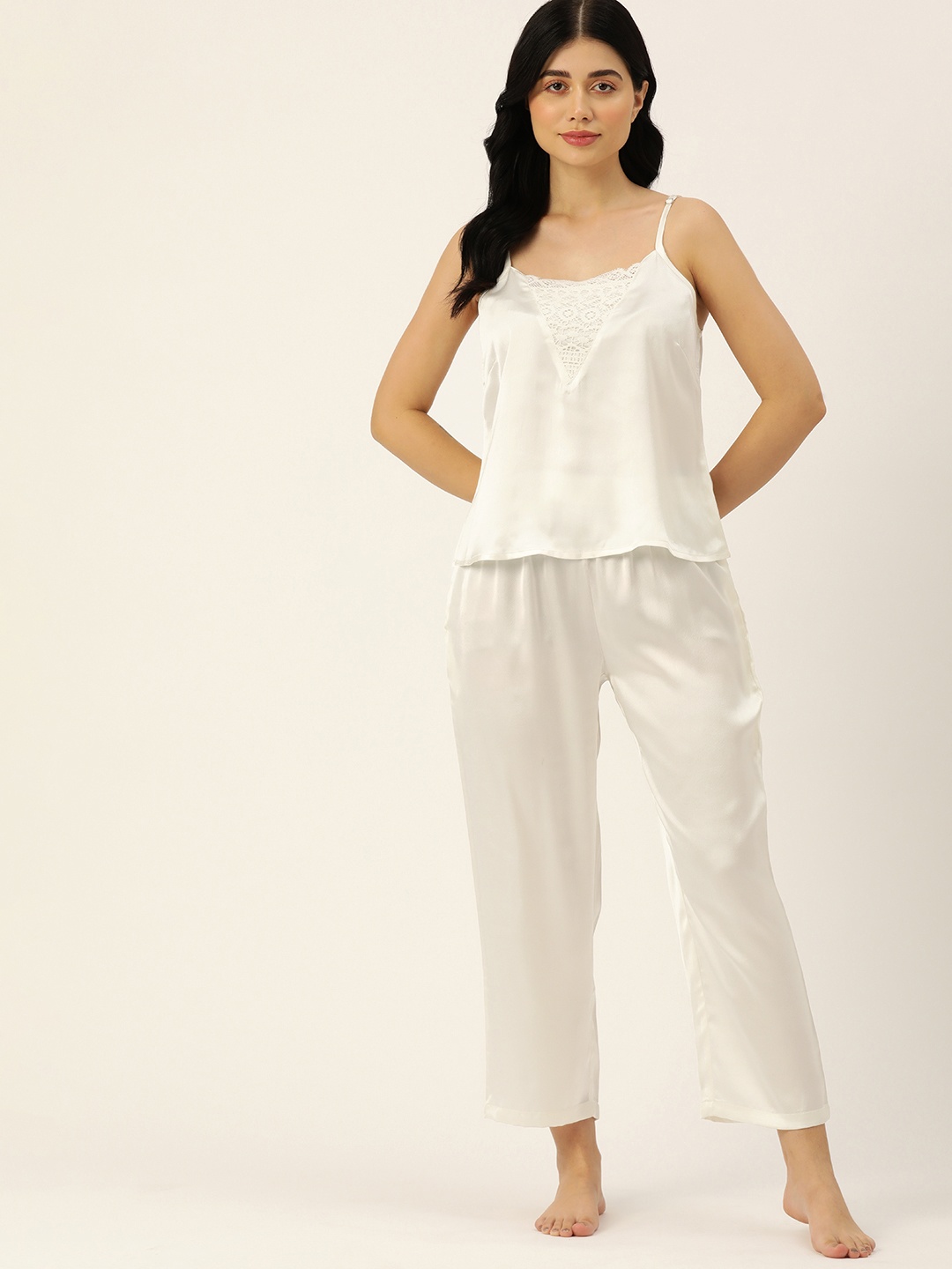 

ETC Solid Satin Night Suit With Lace Detail, White