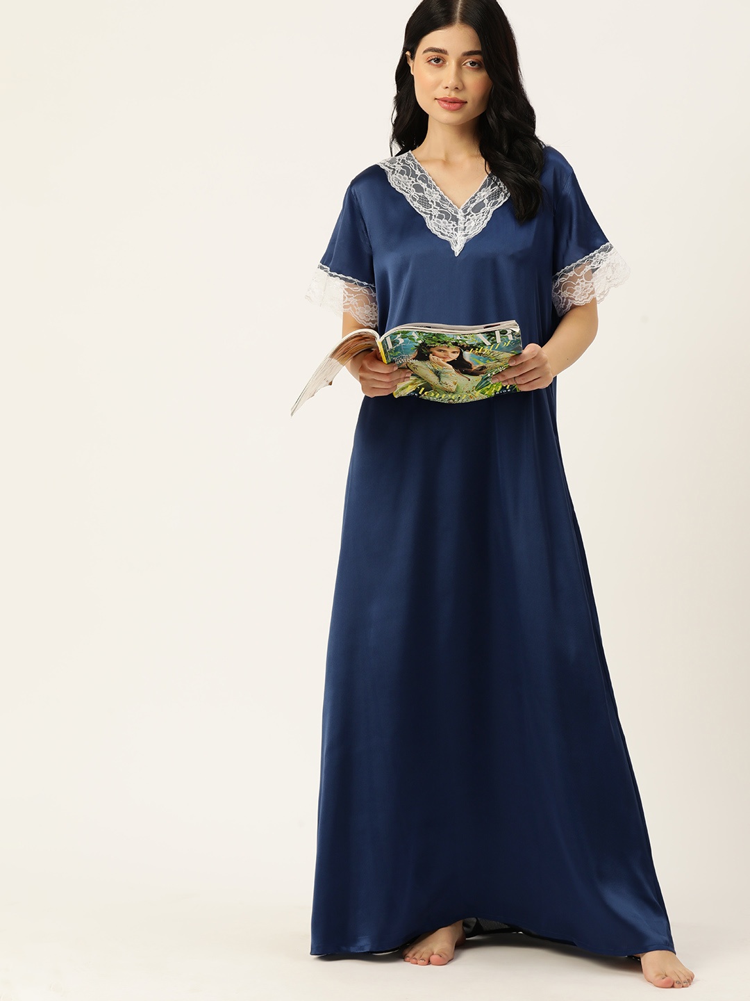 

ETC Solid Satin Maxi Nightdress with Lace Details, Navy blue