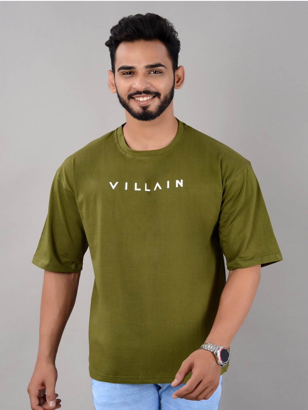 

VILLAIN Typography Printed Bio Finish Cotton Oversized T-shirt, Olive