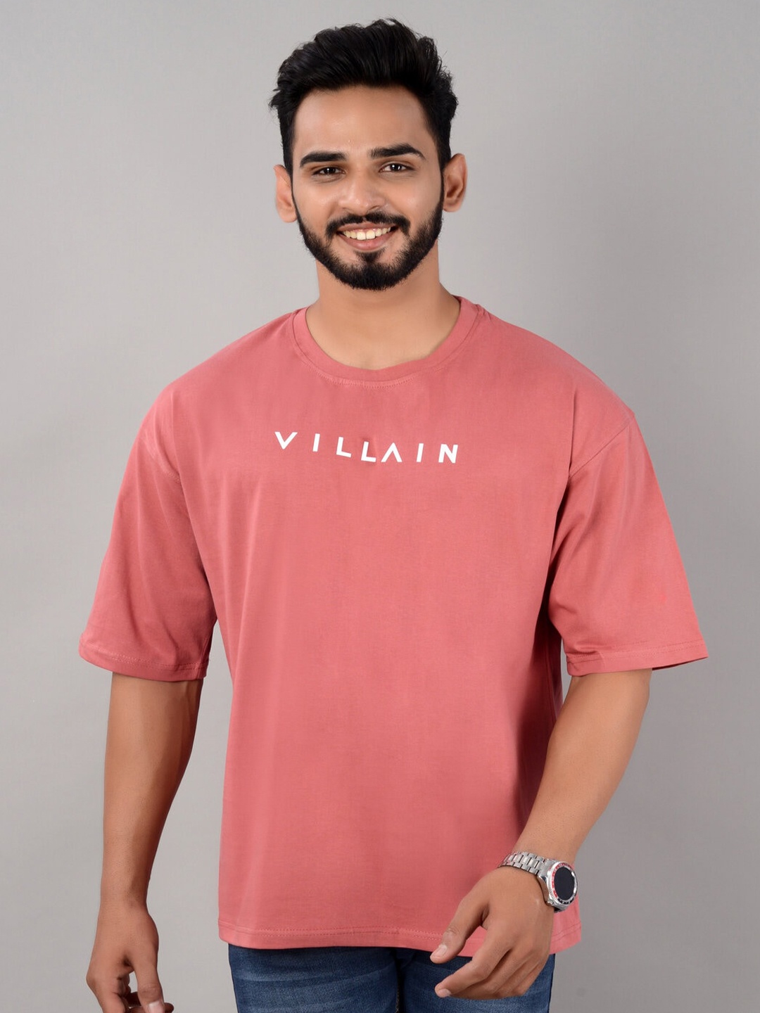 

VILLAIN Typography Printed Bio Finish Cotton Oversized T-shirt, Peach