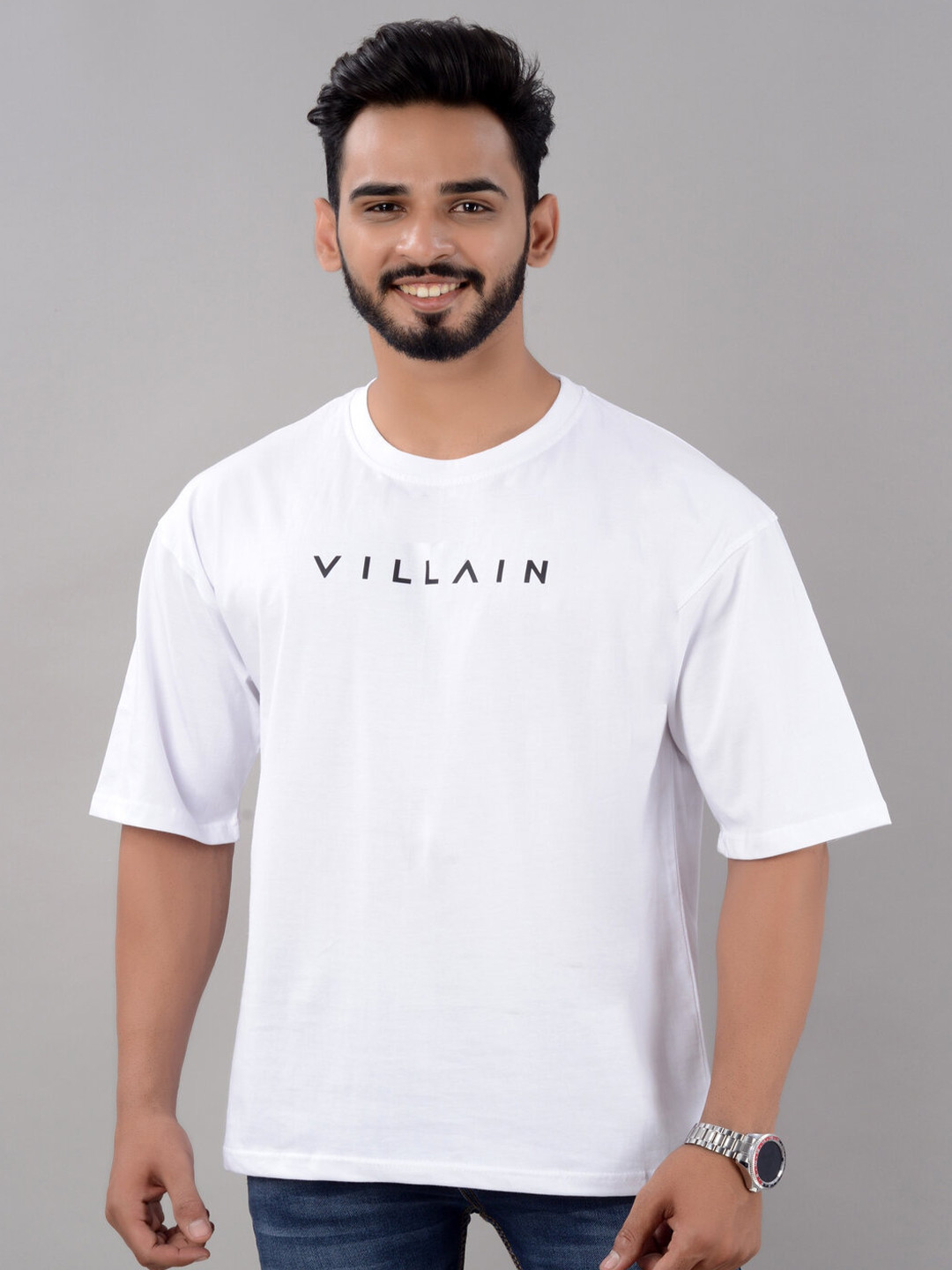 

VILLAIN Typography Printed Bio Finish Cotton Oversized T-shirt, White