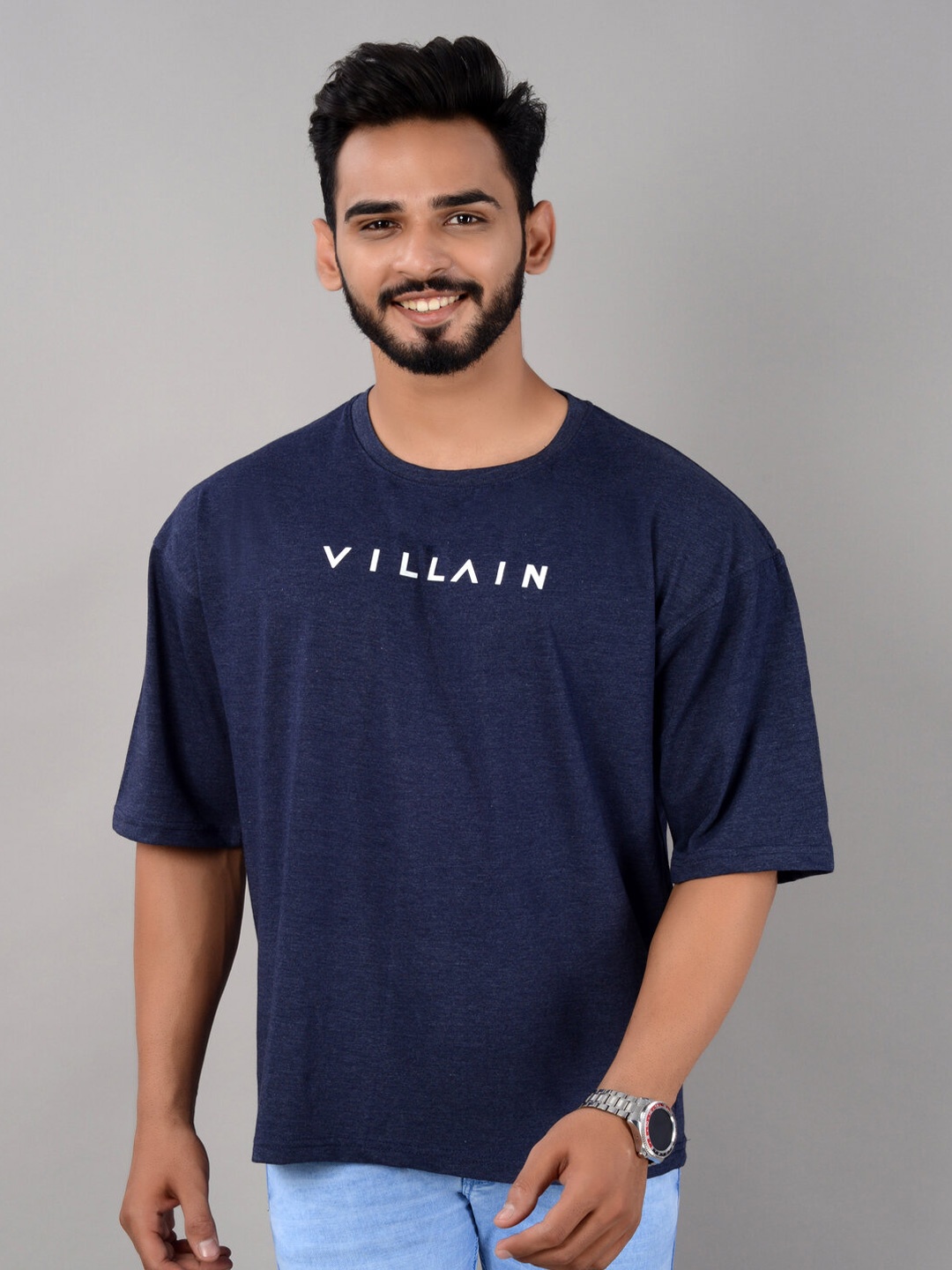 

VILLAIN Typography Printed Bio Finish Cotton Oversized T-shirt, Blue
