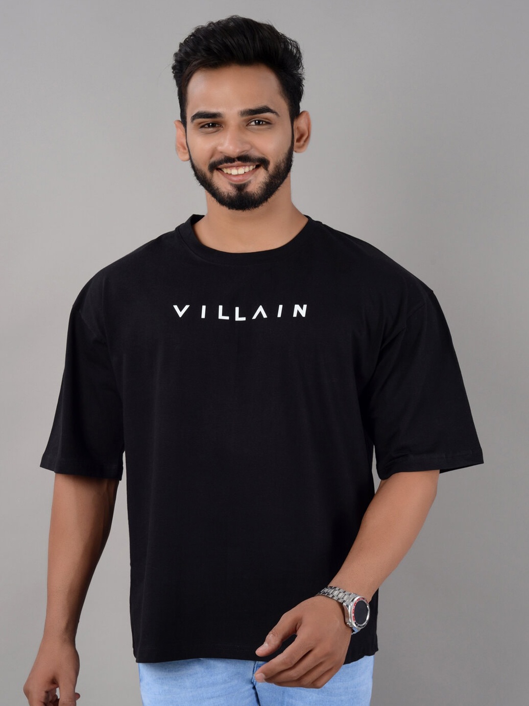 

VILLAIN Typography Printed Bio Finish Cotton Oversized T-shirt, Black