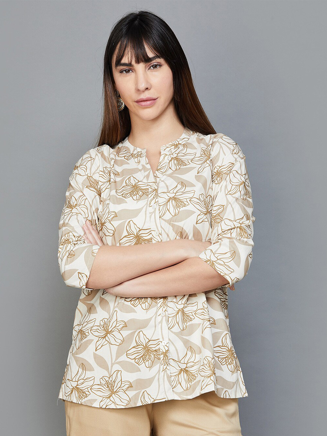 

Melange by Lifestyle Floral Printed Pure Cotton Kurti, Beige