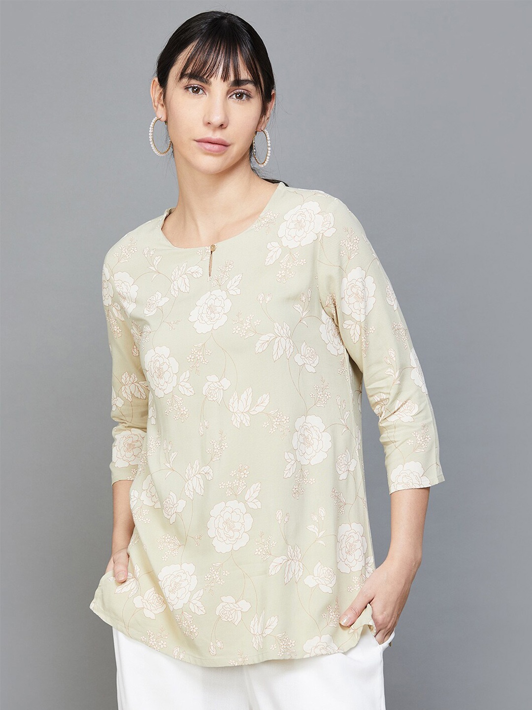

Melange by Lifestyle Floral Printed Keyhole Neck Kurti, Beige