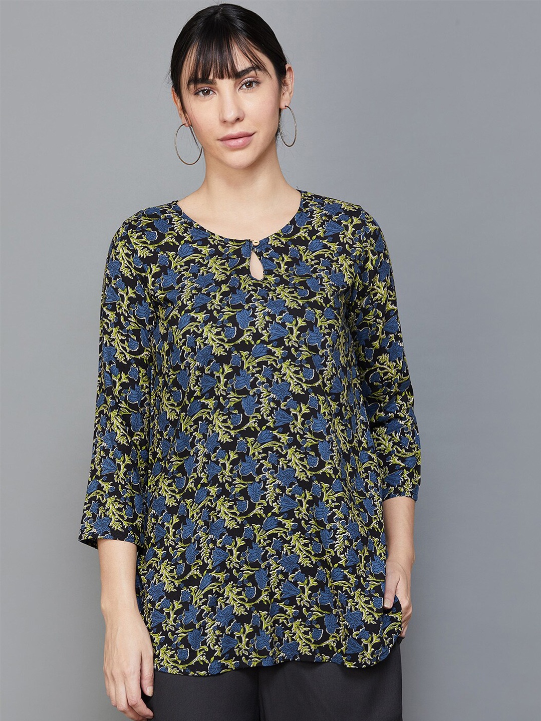 

Melange by Lifestyle Floral Printed Keyhole Neck Kurti, Black