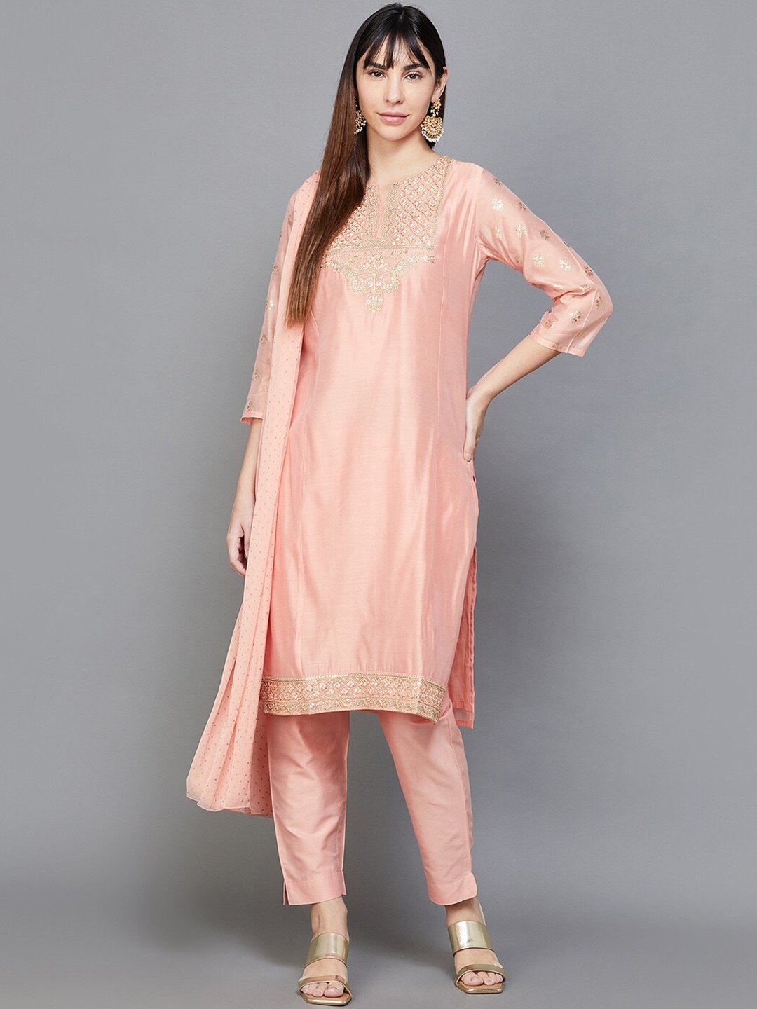 

Melange by Lifestyle Ethnic Motifs Embroidered Pure Cotton Kurta with Trousers, Peach