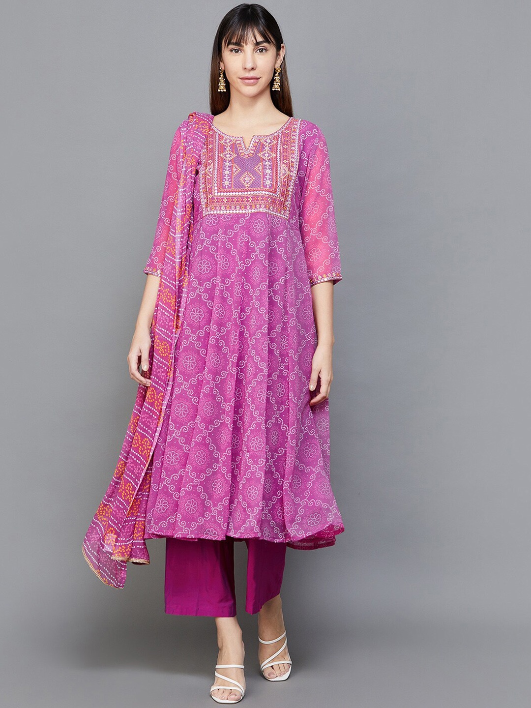 

Melange by Lifestyle Bandhani Printed Thread Work A-Line Kurta With Trousers & Dupatta, Pink