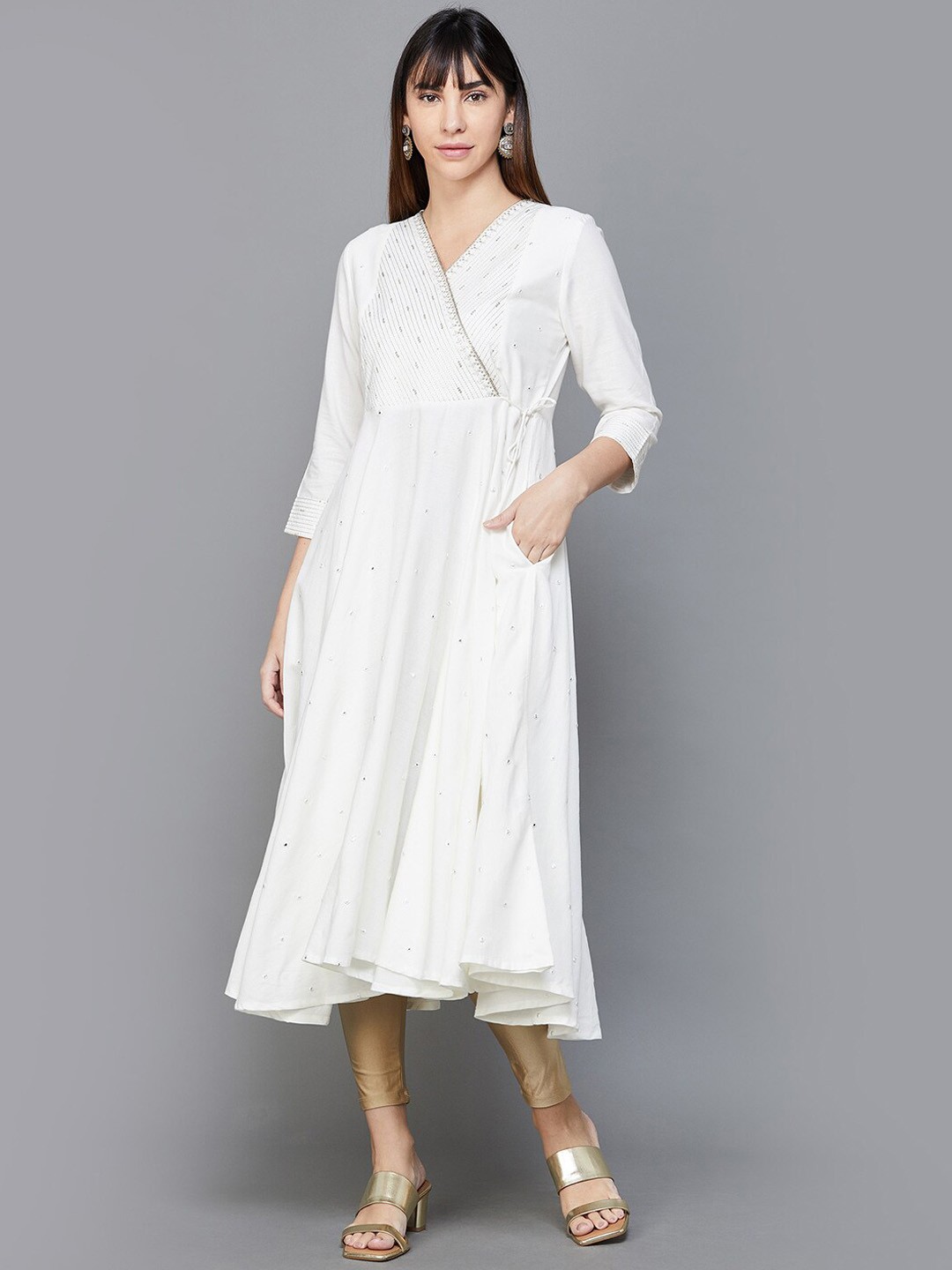 

Melange by Lifestyle Embroidered Mirror Work Angrakha Kurta, Off white