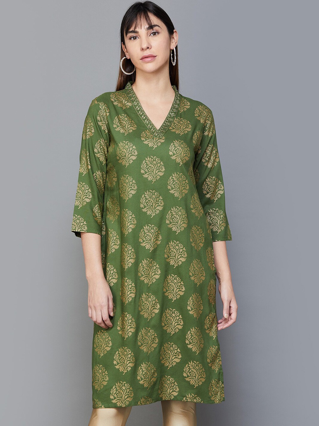 

Melange by Lifestyle Floral Printed A-Line Kurta, Green