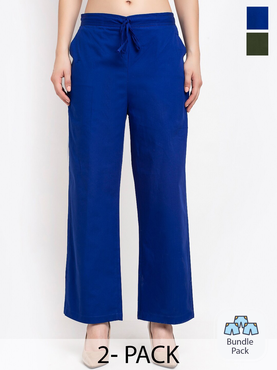 

GRACIT Pack Of 2 Women Mid-Rise Pure Cotton Parallel Trousers, Blue