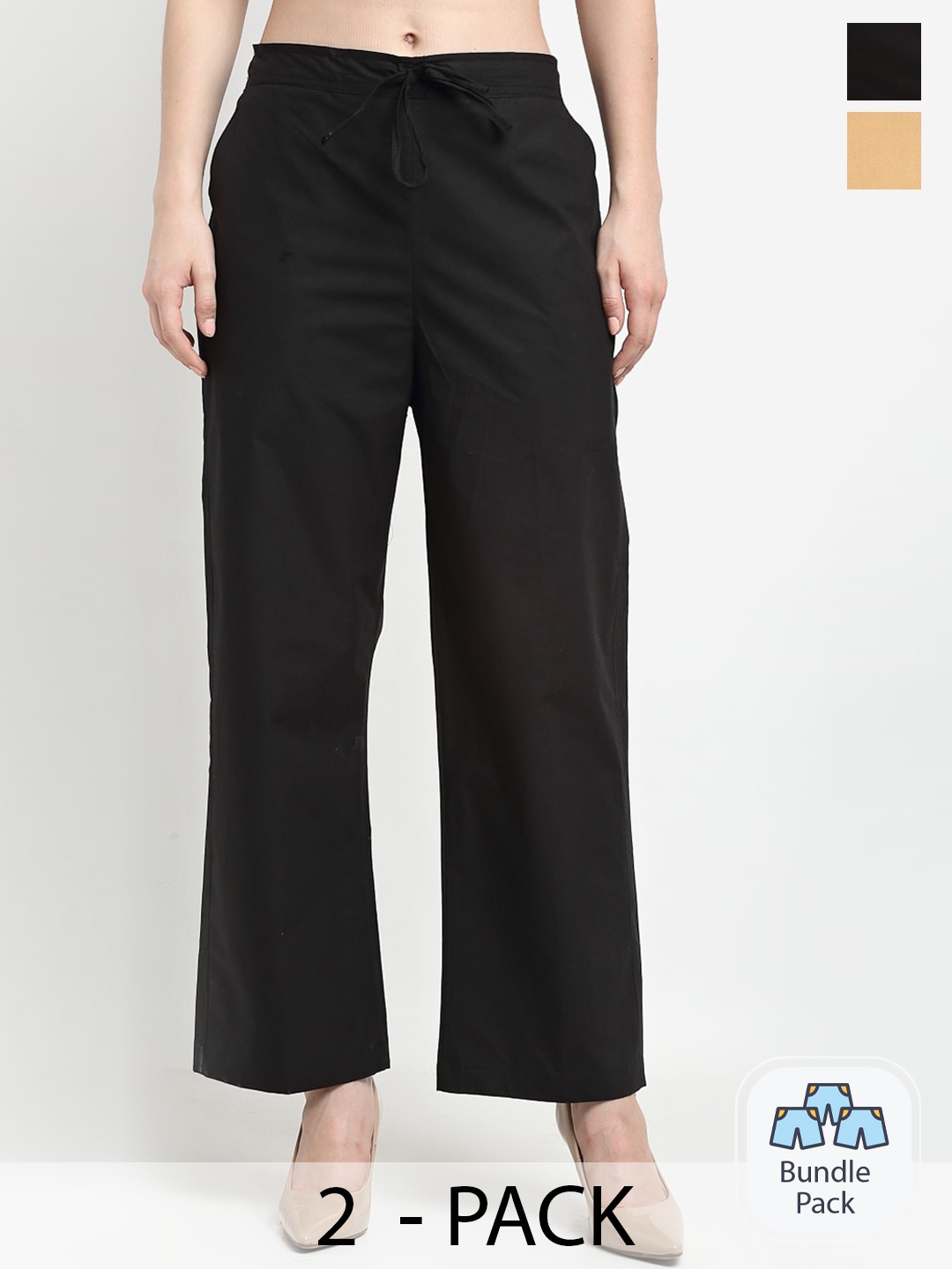 

GRACIT Pack Of 2 Women Mid-Rise Pure Cotton Parallel Trousers, Black