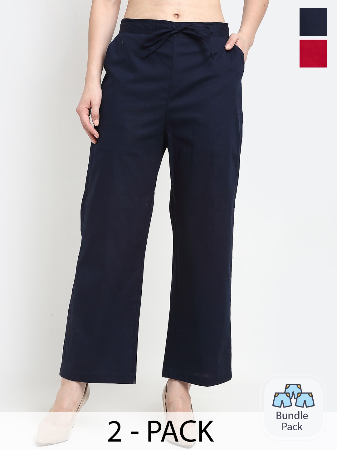 

GRACIT Women Pack Of 2 Flat-Front Mid-Rise Cotton Parallel Trousers, Maroon