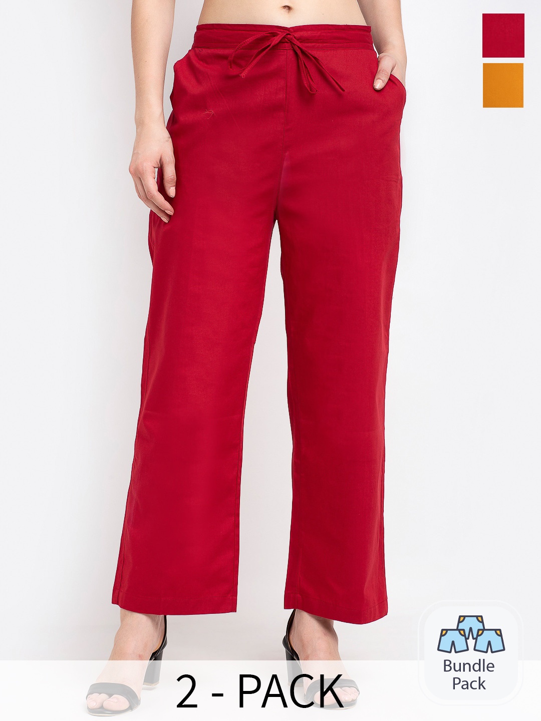 

GRACIT Pack Of 2 Women Mid-Rise Pure Cotton Parallel Trousers, Maroon
