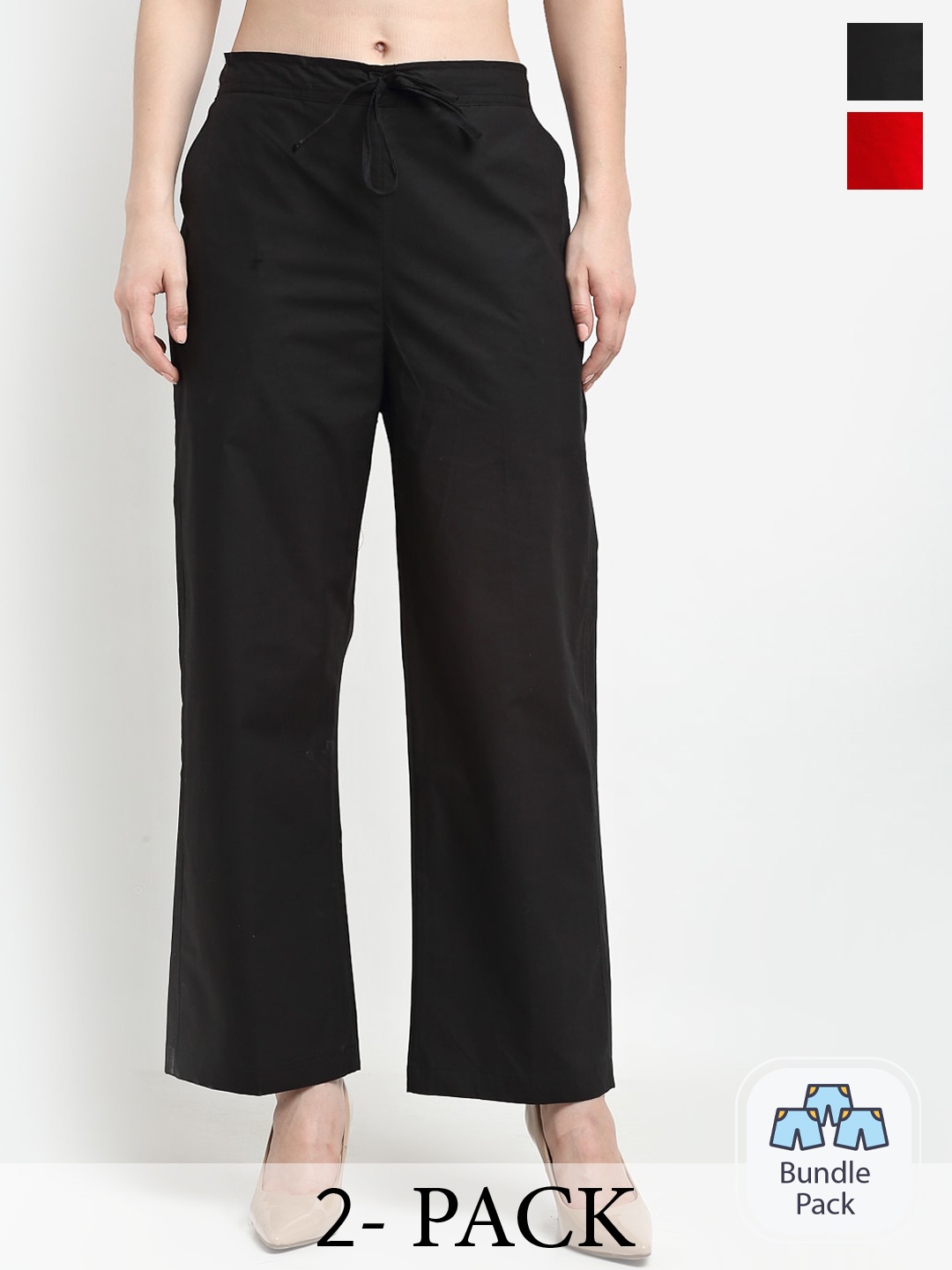 

GRACIT Women Pack Of 2 Flat-Front Mid-Rise Cotton Parallel Trousers, Black