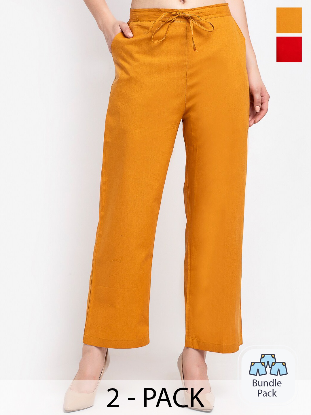 

GRACIT Pack Of 2 Women Mid-Rise Pure Cotton Parallel Trousers, Yellow