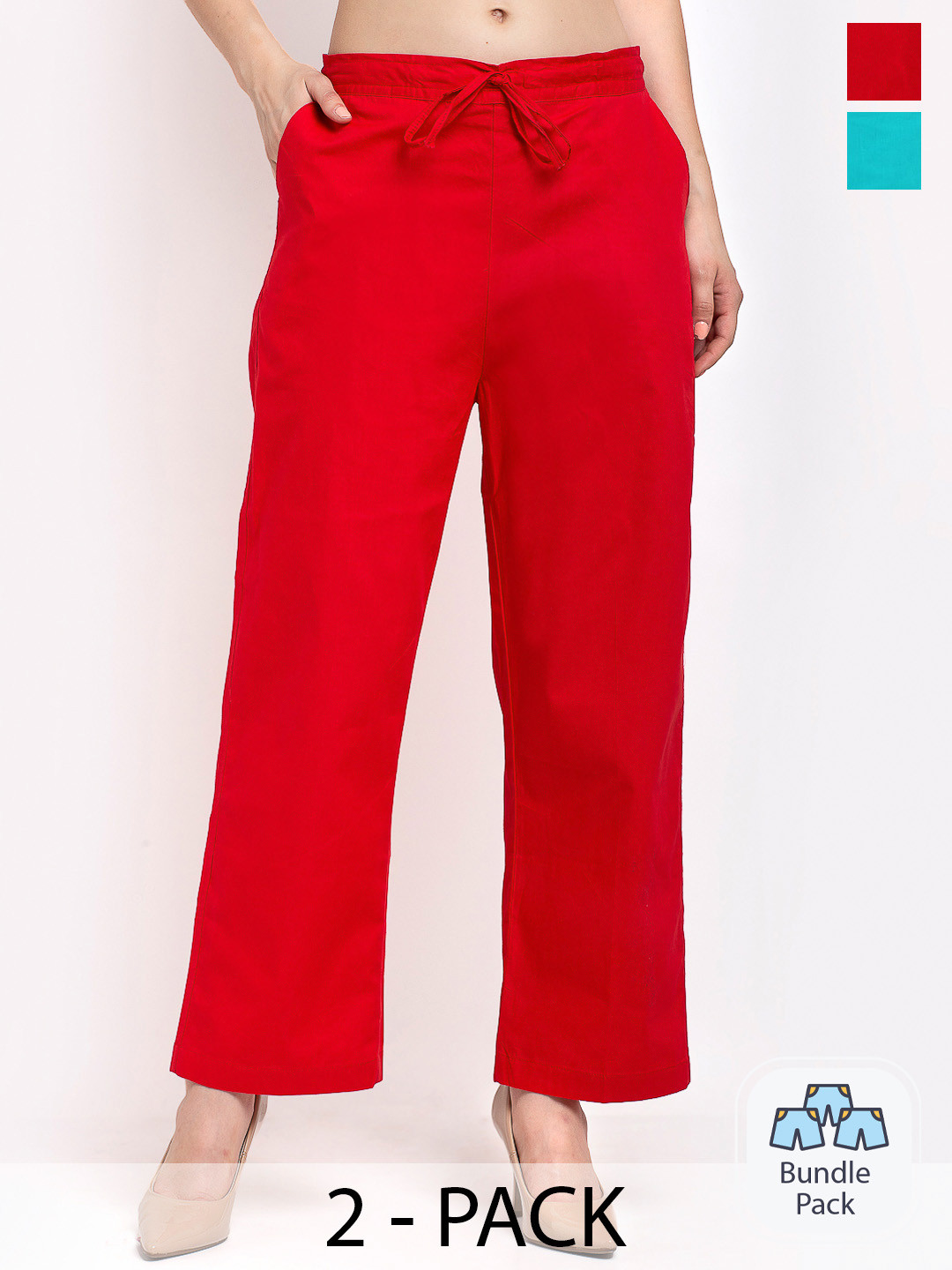 

GRACIT Pack Of 2 Women Mid-Rise Pure Cotton Parallel Trousers, Red