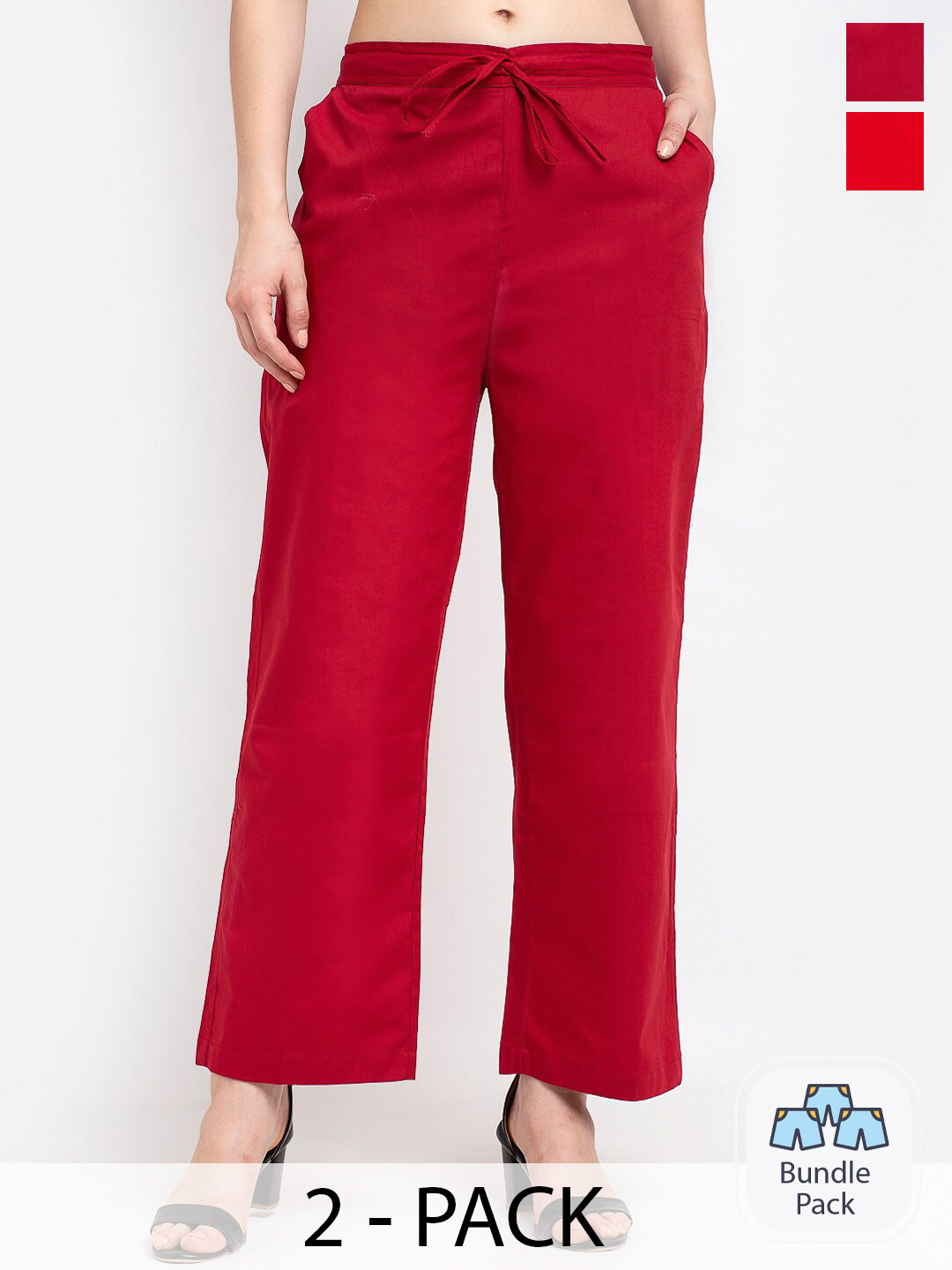 

GRACIT Pack Of 2 Women Mid-Rise Pure Cotton Parallel Trousers, Maroon