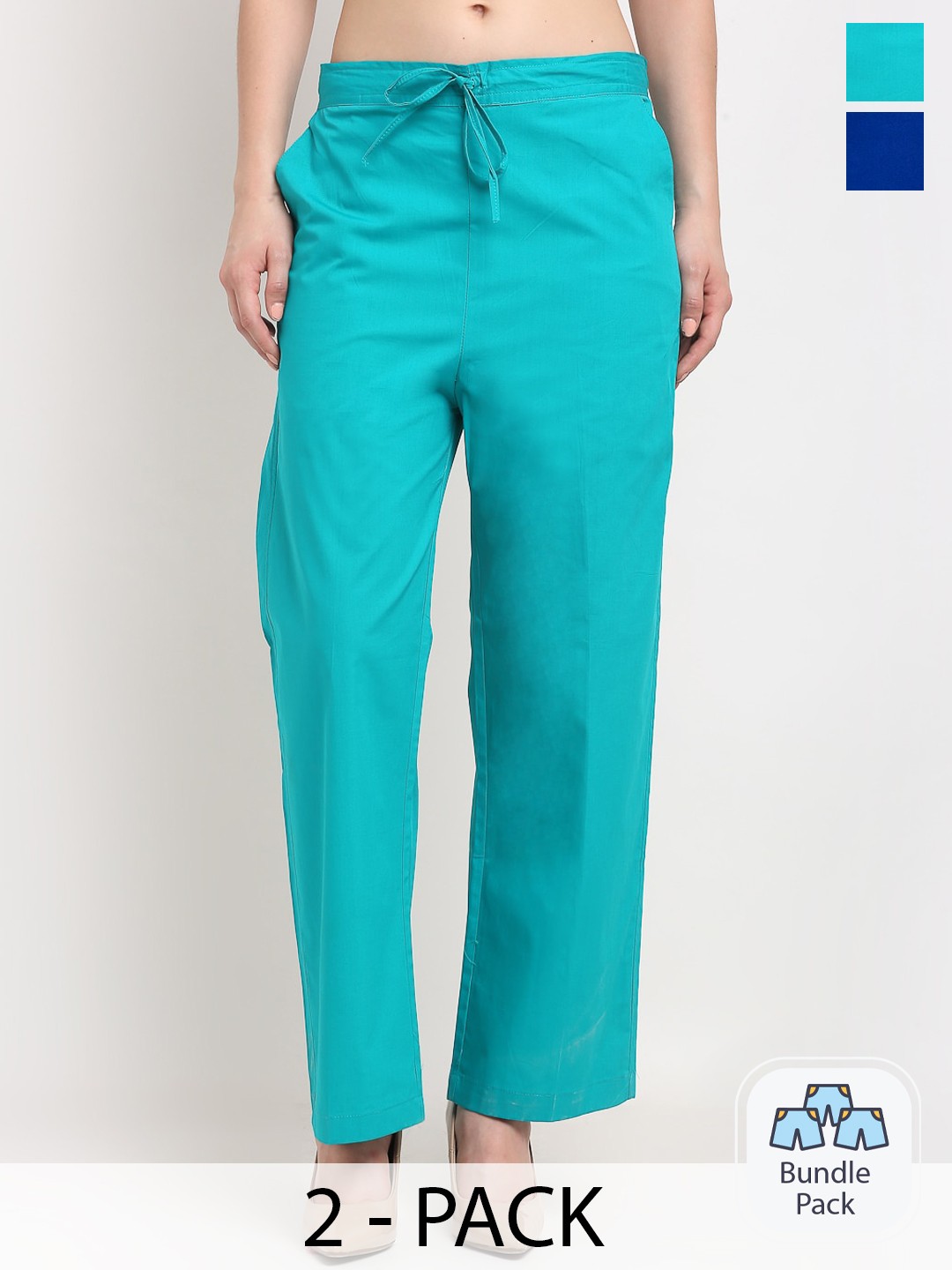 

GRACIT Women Pack Of 2 Flat-Front Mid-Rise Cotton Parallel Trousers, Blue