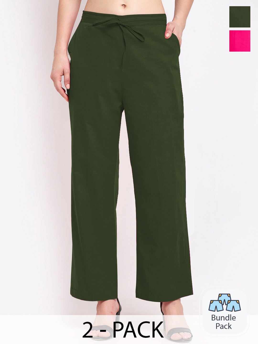 

GRACIT Pack Of 2 Women Mid-Rise Pure Cotton Parallel Trousers, Green