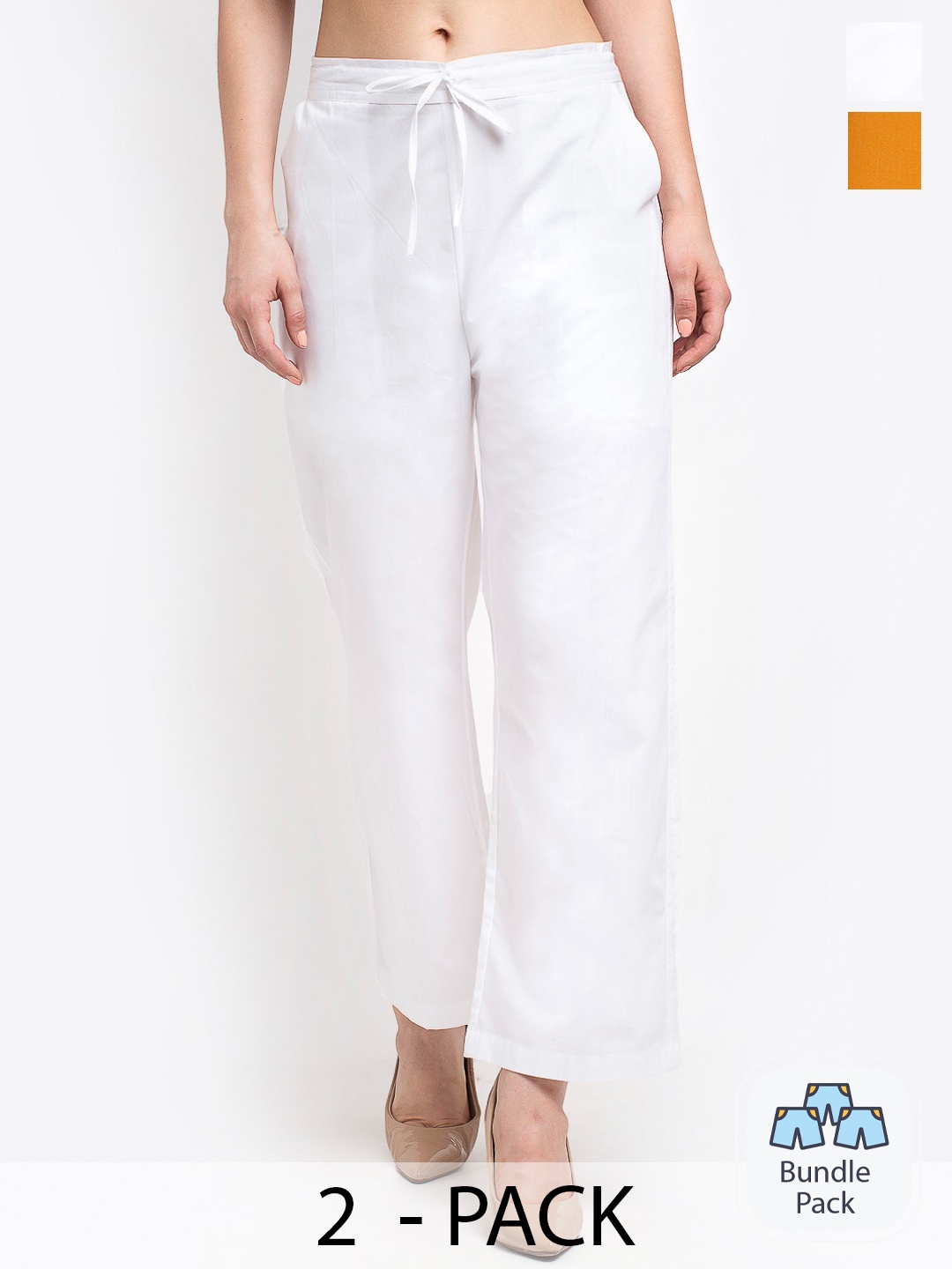 

GRACIT Pack Of 2 Women Mid-Rise Pure Cotton Parallel Trousers, White