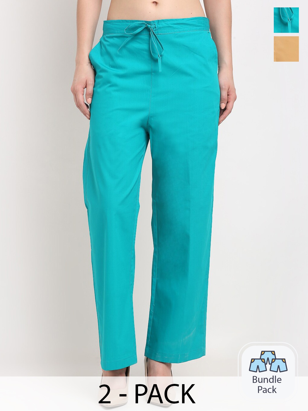 

GRACIT Pack Of 2 Women Mid-Rise Pure Cotton Parallel Trousers, Turquoise blue