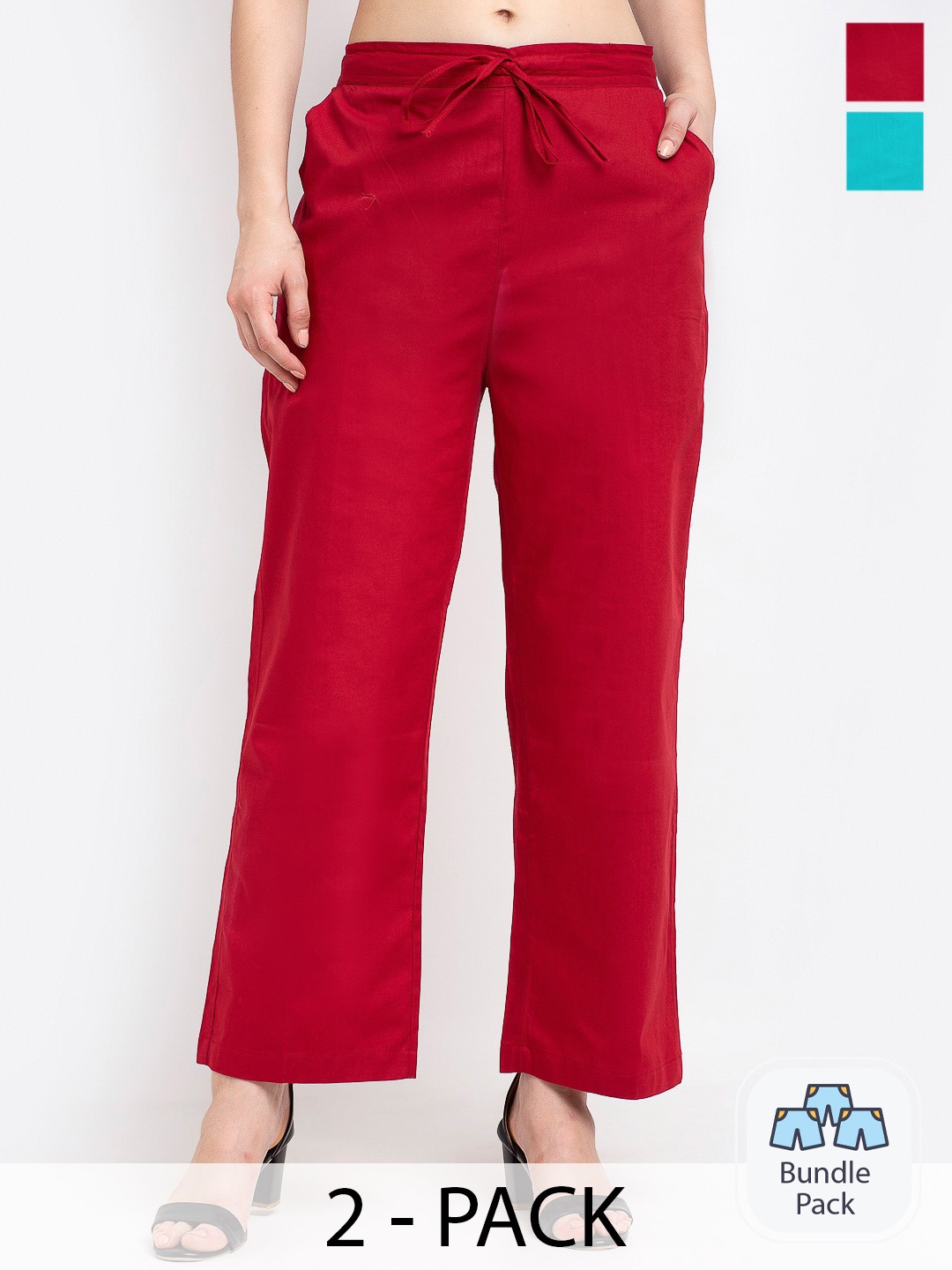 

GRACIT Pack Of 2 Women Mid-Rise Pure Cotton Parallel Trousers, Maroon