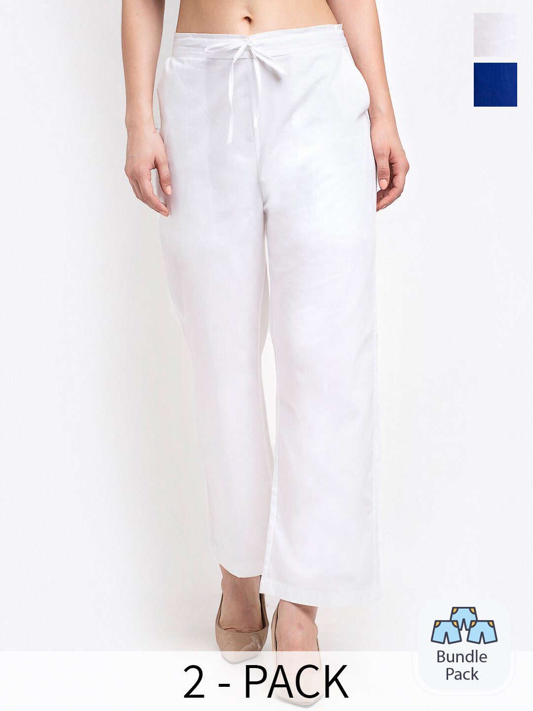 

GRACIT Women Pack Of 2 Flat-Front Mid-Rise Cotton Parallel Trousers, White
