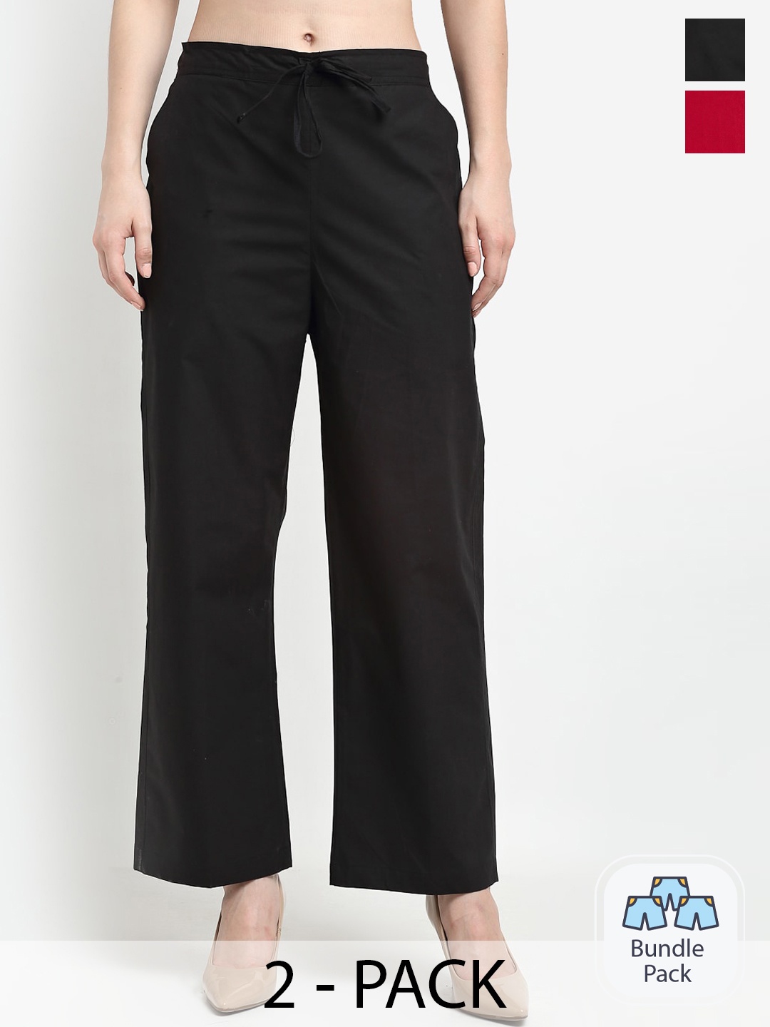 

GRACIT Women Pack Of 2 Flat-Front Mid-Rise Cotton Parallel Trousers, Black