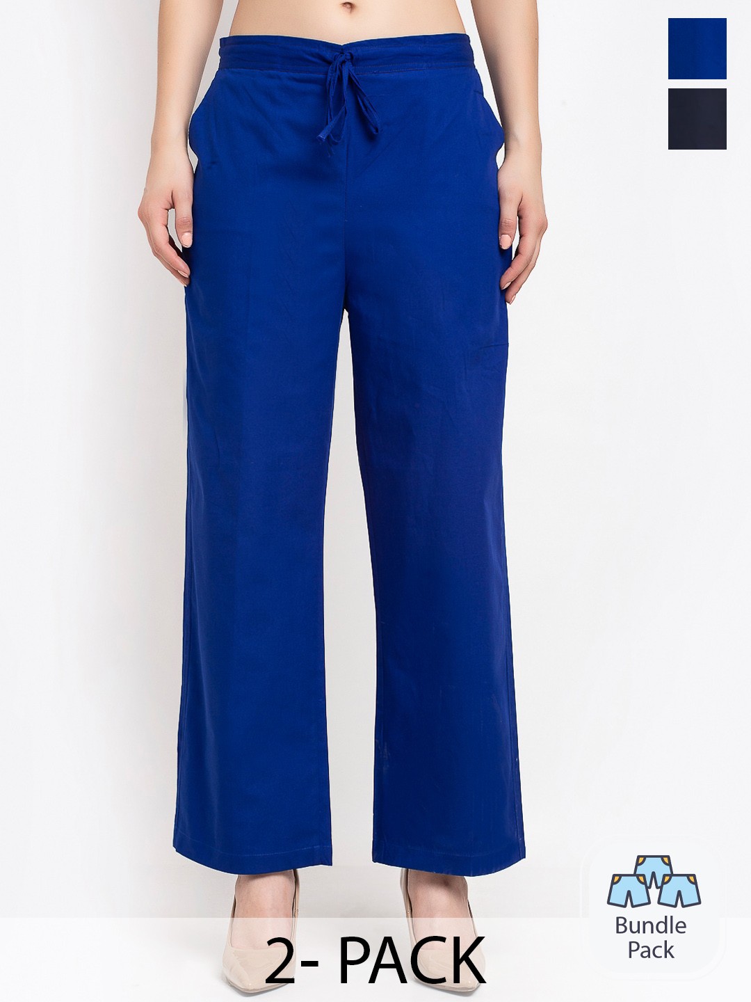 

GRACIT Women Pack Of 2 Flat-Front Mid-Rise Cotton Parallel Trousers, Blue