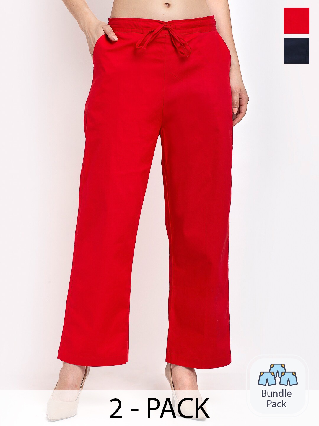 

GRACIT Pack Of 2 Women Mid-Rise Pure Cotton Parallel Trousers, Red
