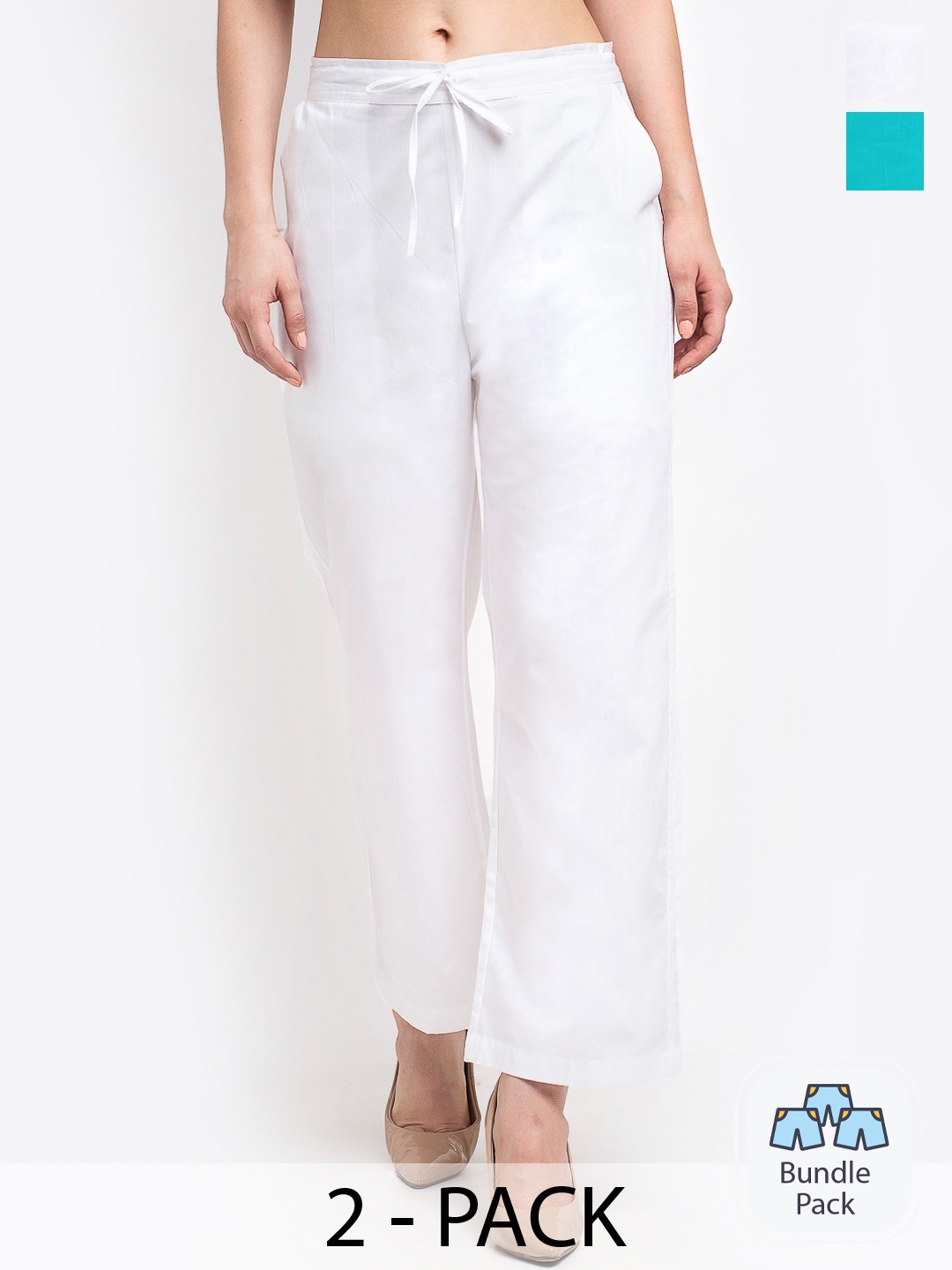 

GRACIT Women Pack Of 2 Mid-Rise Pure Cotton Parallel Trousers, White