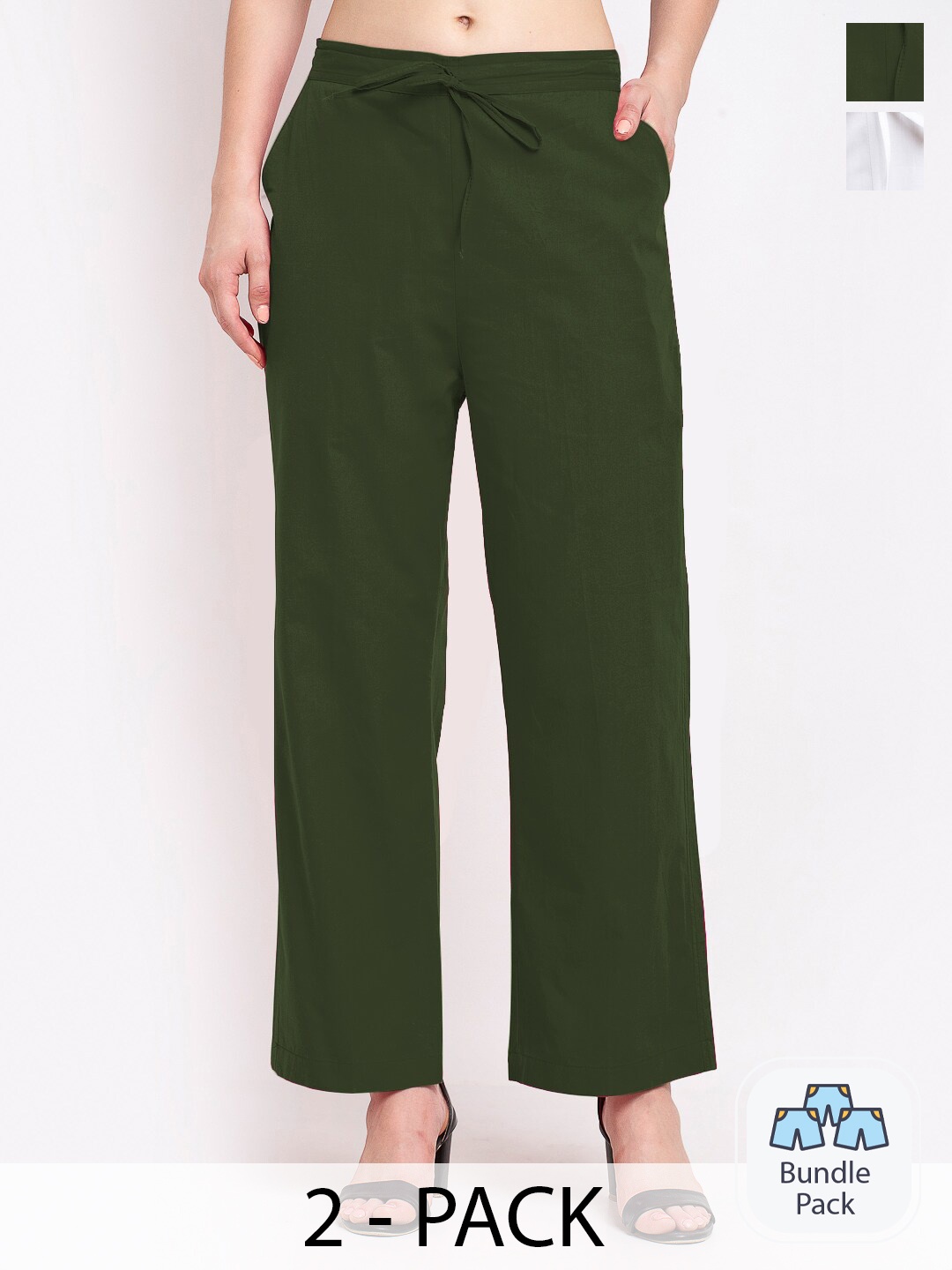 

GRACIT Pack Of 2 Women Mid-Rise Pure Cotton Parallel Trousers, Green