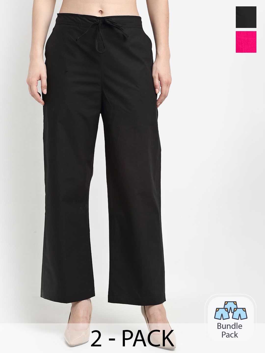 

GRACIT Pack Of 2 Women Mid-Rise Pure Cotton Parallel Trousers, Black