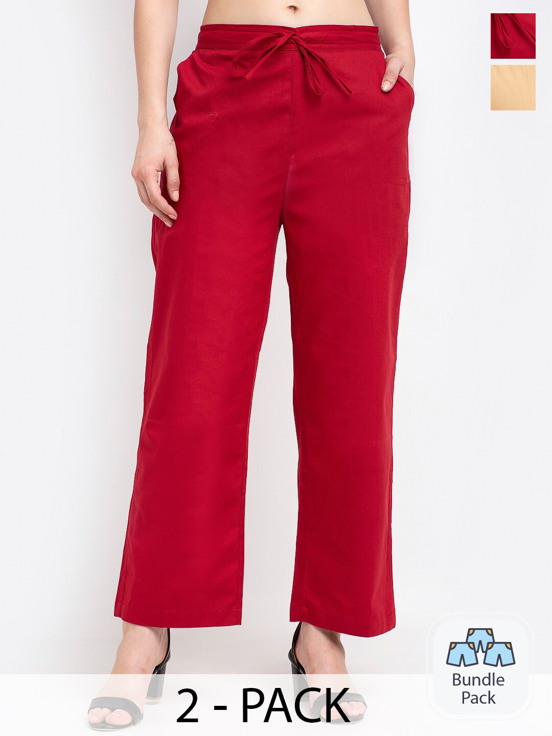 

GRACIT Pack Of 2 Women Mid-Rise Pure Cotton Parallel Trousers, Maroon