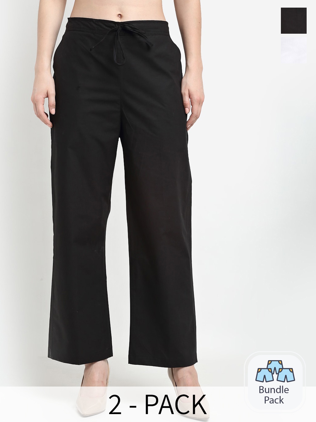 

GRACIT Women Pack Of 2 Mid-Rise Pure Cotton Parallel Trousers, Black