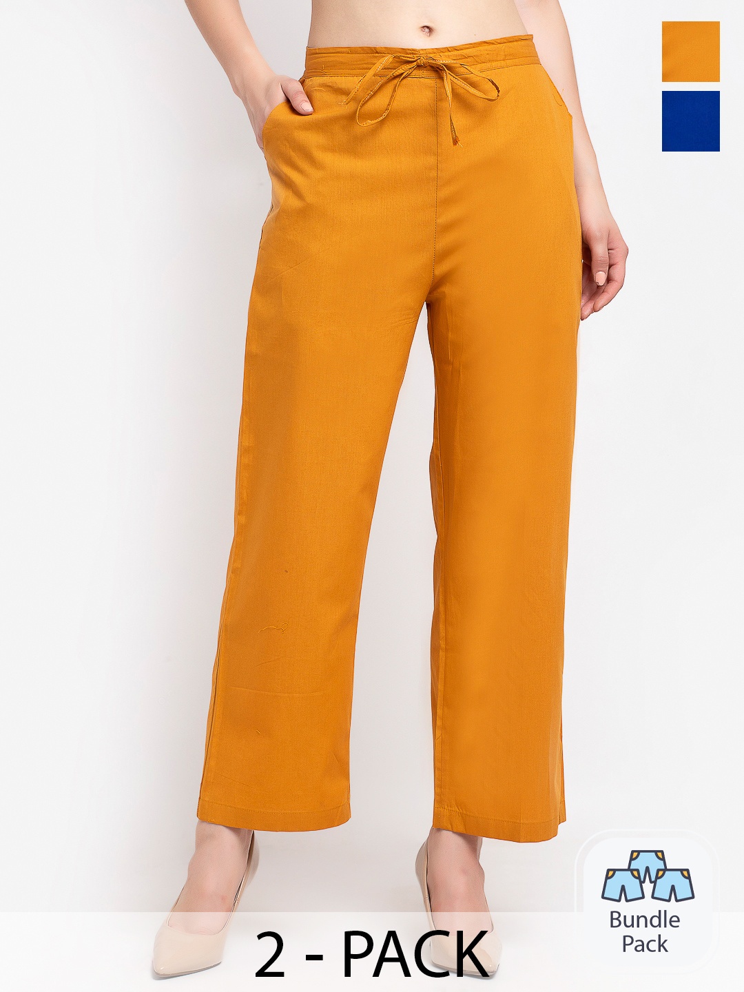 

GRACIT Pack Of 2 Women Mid-Rise Pure Cotton Parallel Trousers, Yellow