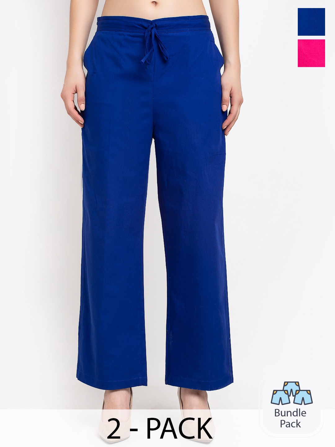 

GRACIT Women Pack Of 2 Mid-Rise Pure Cotton Parallel Trousers, Blue