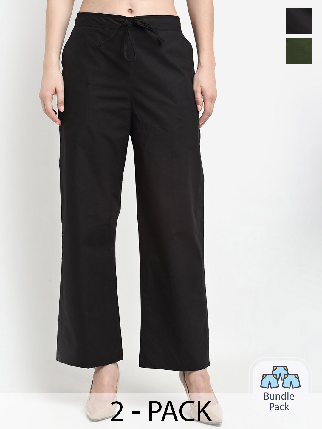 

GRACIT Pack Of 2 Women Mid-Rise Pure Cotton Parallel Trousers, Black