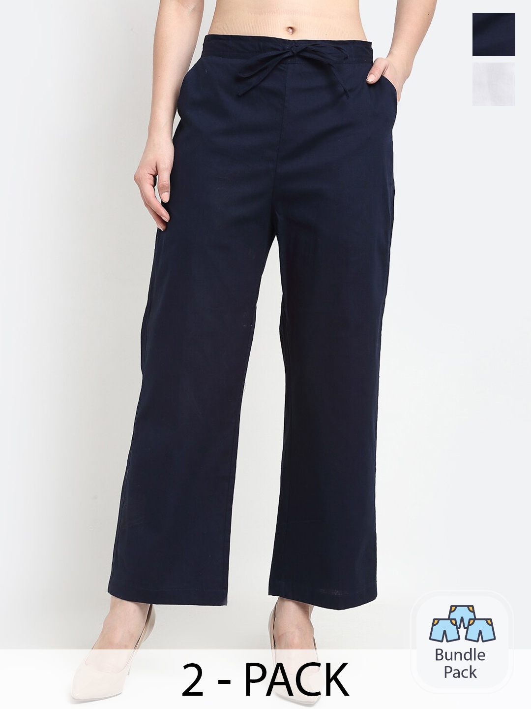 

GRACIT Women Pack Of 2 Flat-Front Mid-Rise Cotton Parallel Trousers, White