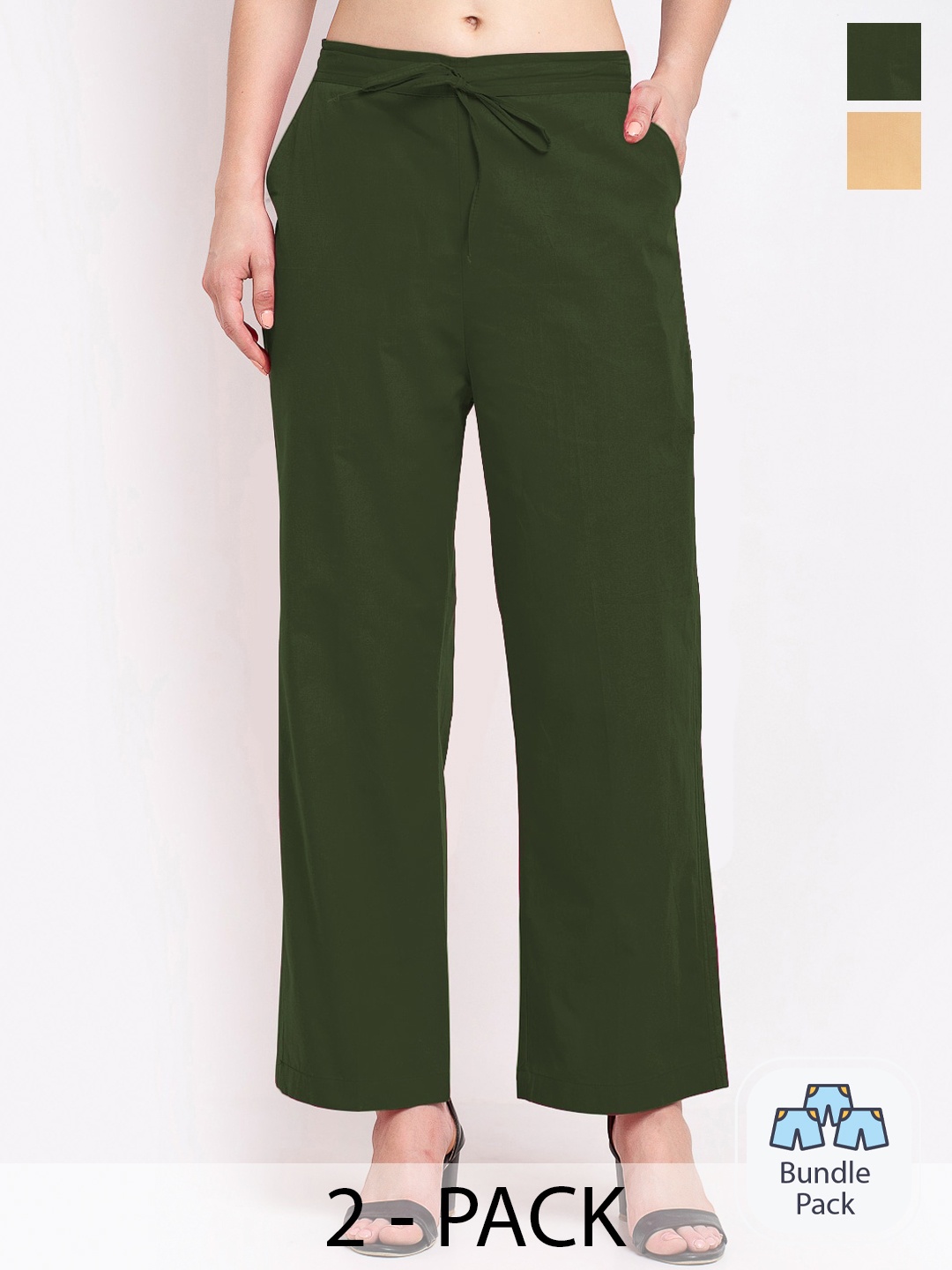 

GRACIT Women Pack Of 2 Flat-Front Mid-Rise Cotton Parallel Trousers, Beige